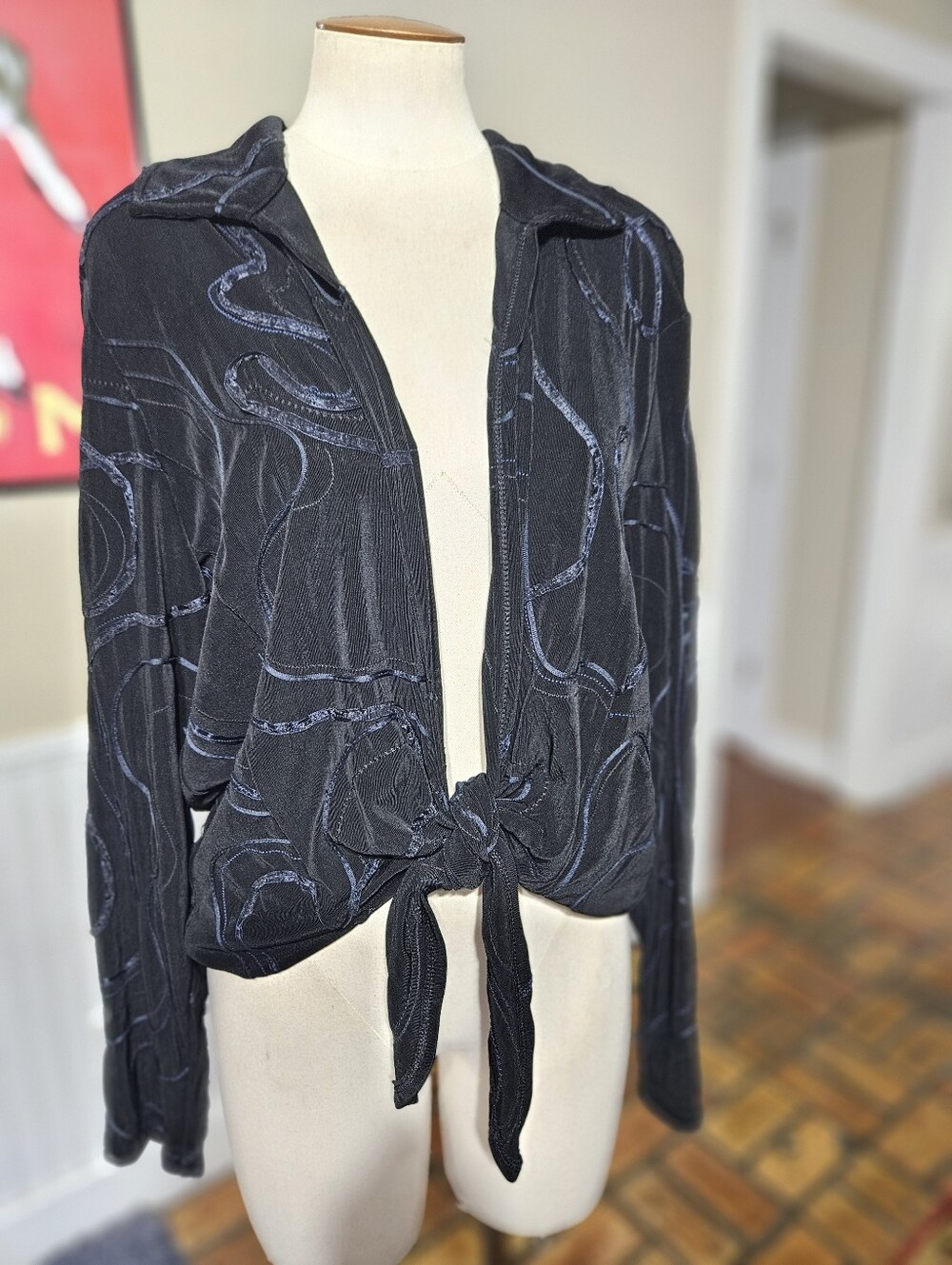 Chico's Black Tie-Front Button Down with Subtle Blue Accents